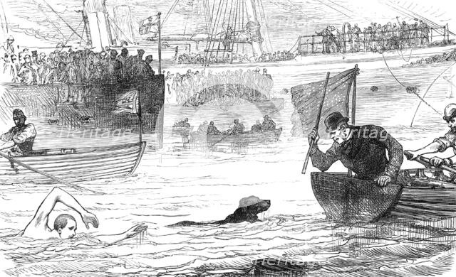 Swimming-match between a dog and a man, 1880. Creator: Unknown.