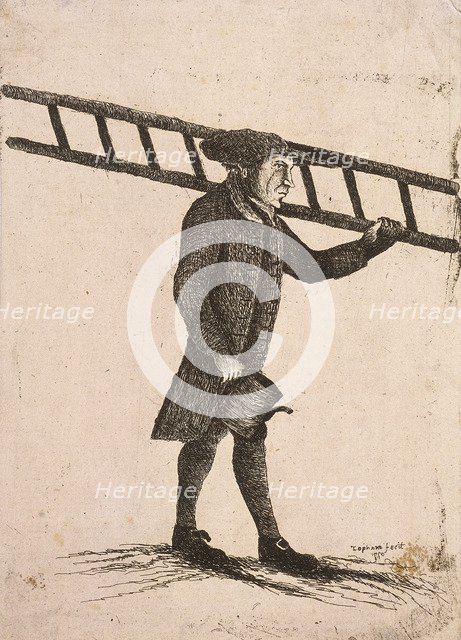 Lamplighter holding a ladder and an oil can, 1770. Artist: Edward Topham