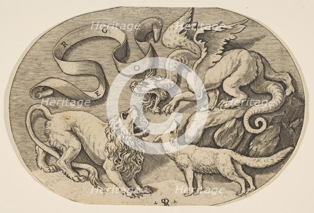 A lion, dragon and fox fighting each other, an inscribed banderole above, an oval c..., ca. 1515-27. Creator: Marco Dente.