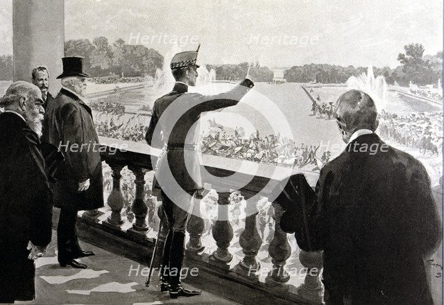 King Alfonso XIII of Spain (1886-1941) acclaimed in the gardens of Versailles, Paris (1905), engr…