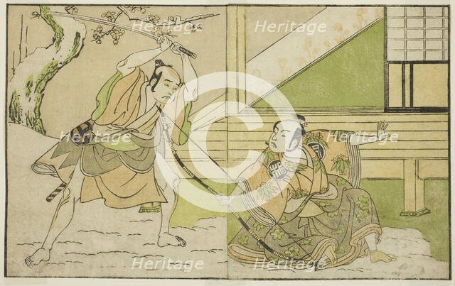 The Actors Arashi Sangoro II as Hojo Tokiyori (right), and Otani Hiroji III as Koga Sab..., c. 1772. Creator: Shunsho.