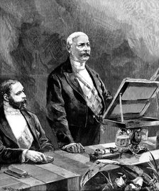 Meeting of the Royal Geographical Society...in the Royal Albert Hall; Mr. Stanley speaking, 1890. Creator: P Naumann.