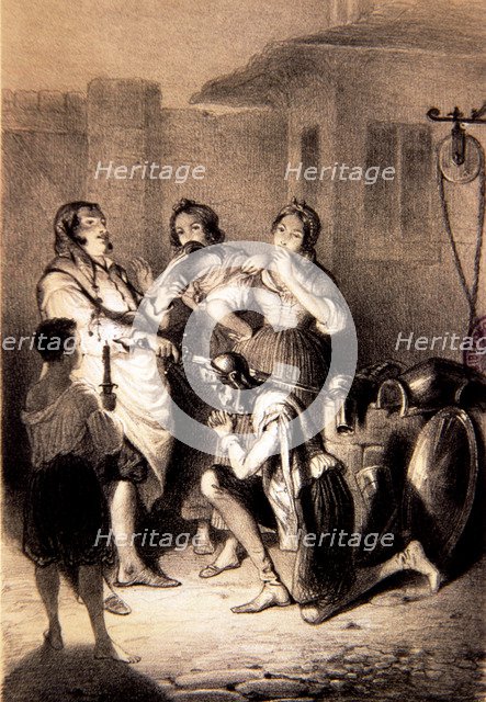 Illustration, Don Quixote is knighted, comparative edition by F. Brotonne of 'Don Quixote of La M…