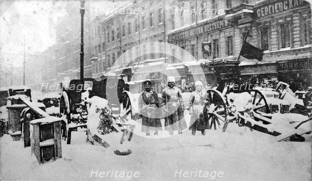 Revolutionary barricades on Liteyny Prospekt, Petrograd, Russia, 27 February 1917. Artist: Anon