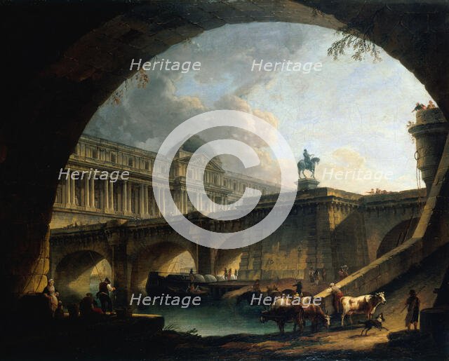 Caprice architectural : un palais inspiré du Louvre et le Pont-Neuf s'encadrant dans..., c1775. Creator: Pierre-Antoine Demachy.