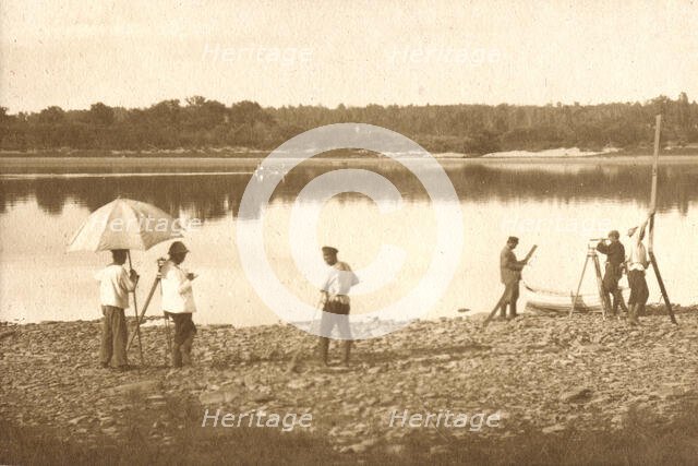 Carrying out leveling on the banks of the Zeya River, 1909. Creator: Vladimir Ivanovich Fedorov.
