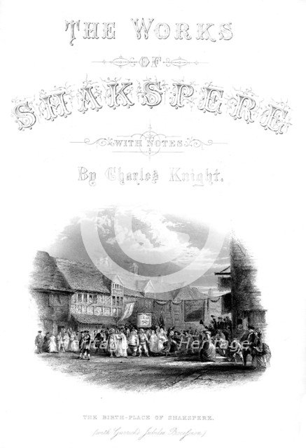 'The Works of Shakspere - The Birth-Place of Shakspere (with Garic's Jubilee Procession)', c1870. Artist: Unknown.