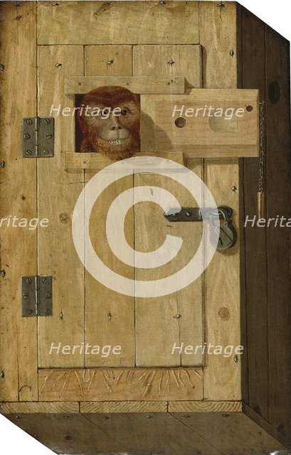 Trompe l'oeil with a monkey in a wooden box. Artist: Trajtler, Jòsef (active Mid of 19th cen.)