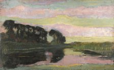 River landscape with pink and yellowgreen sky, ca 1907-1908. Creator: Mondrian, Piet (1872-1944).