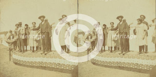 A side show at Chatham Fair, [Musical performers on a small outdoor stage], (1868-1900?). Creator: Unknown.