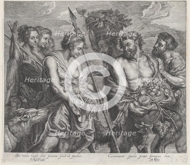 Diana returning from the chase, accompanied by dogs and her nymphs at left, two sat..., ca. 1640-59. Creator: Boetius Adams Bolswert.