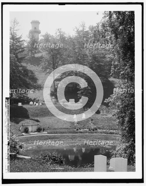 A Glimpse of the tower, Mt. Auburn Cemetery, Cambridge, Mass., between 1890 and 1901. Creator: Unknown.