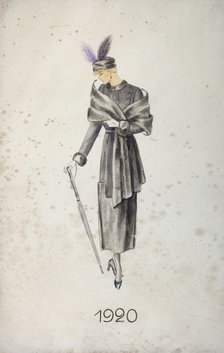 Model wearing a coat and a hat with feathers, carrying an umbrella, 1920. Artist: Unknown