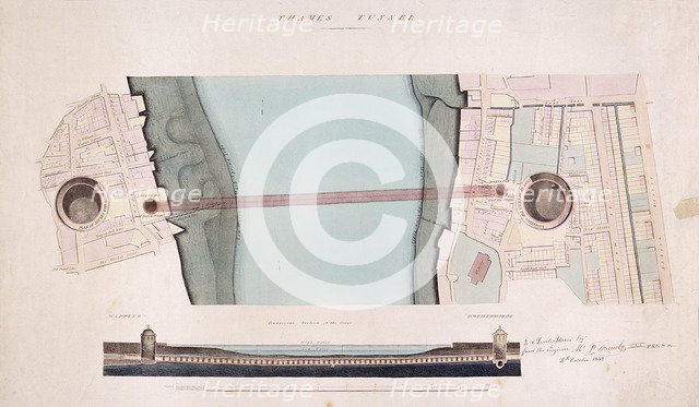 Plan and longitudinal section of the Thames Tunnel, London, 1842. Artist: Anon