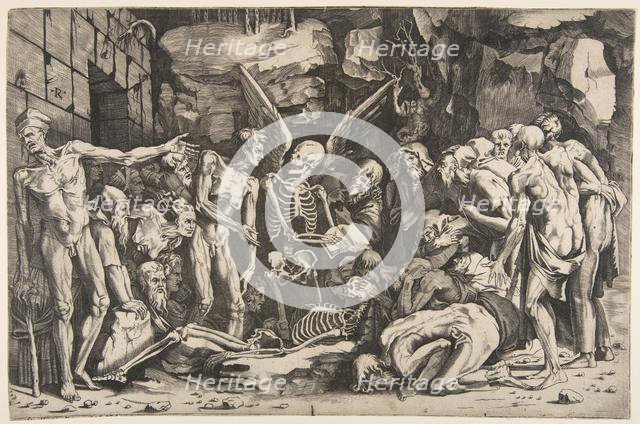 The Skeletons, a group of emaciated men and women gathered around a skeleton laid on th..., 1515-27. Creator: Marco Dente.