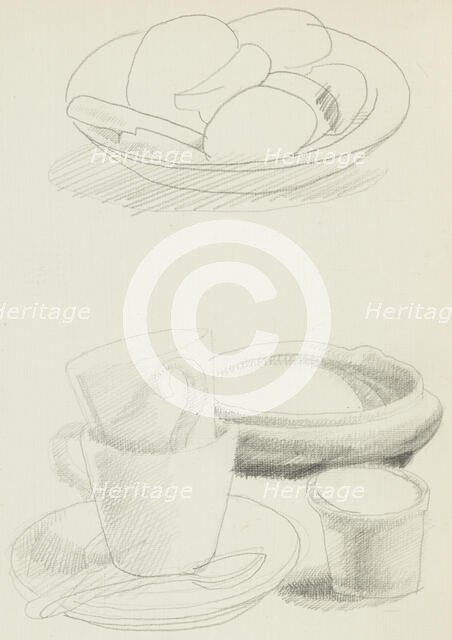 Still life study of a bowl of fruit and crockery, c1900-1940. Creator: Francis Ernest Jackson.