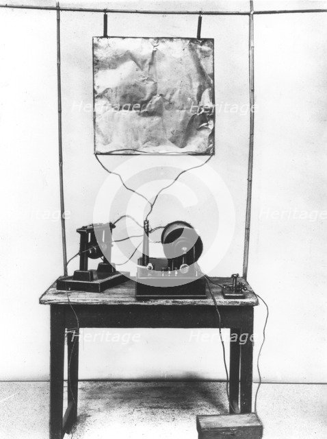 Replica of Marconi's first transmitter used in his early experiments in Italy, 1894. Artist: Unknown