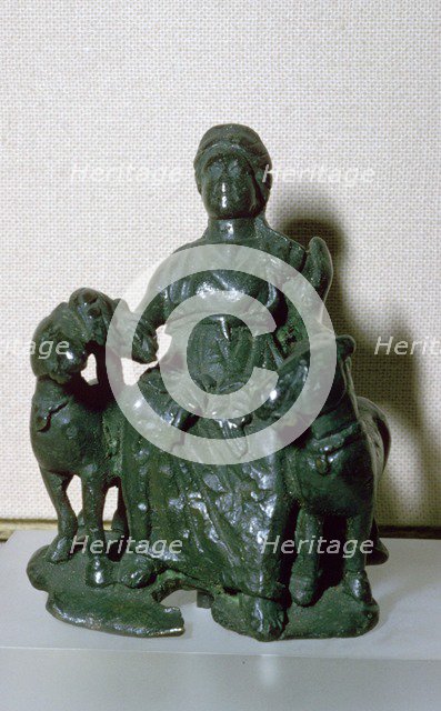 Copper alloy figure of the goddess Epona, seated between two ponies, from Wiltshire, England. Artist: Unknown