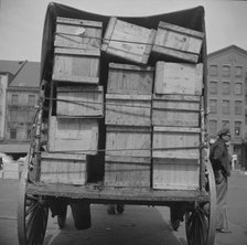 Shipping fish by horse-drawn vehicle from Fulton fish market, New York, 1943. Creator: Gordon Parks.
