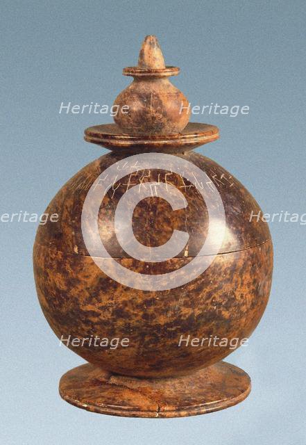 Relic Casket inscribed with Brahmi script from Piprahwa, 3rd cen. BC. Creator: Indian Art.