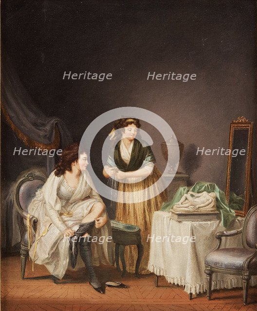 A woman pulling up her stocking, 1798.