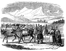 Lapps setting out on a migration with reindeer, Lapland, 1840. Artist: Unknown