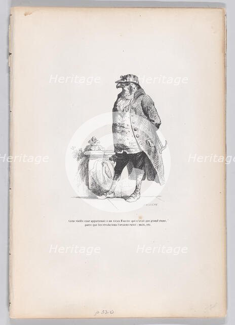 This old court apparently has an old falcon... from Scenes from the Private and Pub..., ca. 1837-47. Creator: Louis-Henri Brevière.