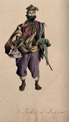 A barefoot man wearing a cloak, hat and beads: he is carrying a stick. Creator: Unknown.