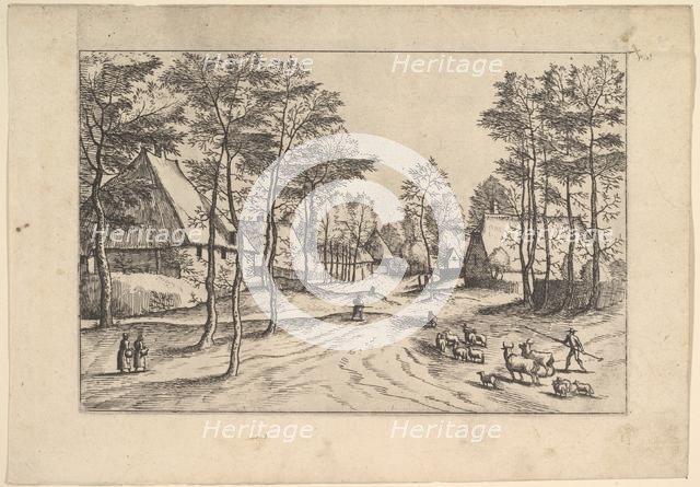 Village Street, cattle, sheep and herdsman in the foreground from Praediorum villar..., ca. 1559-61. Creator: Johannes van Doetecum I.