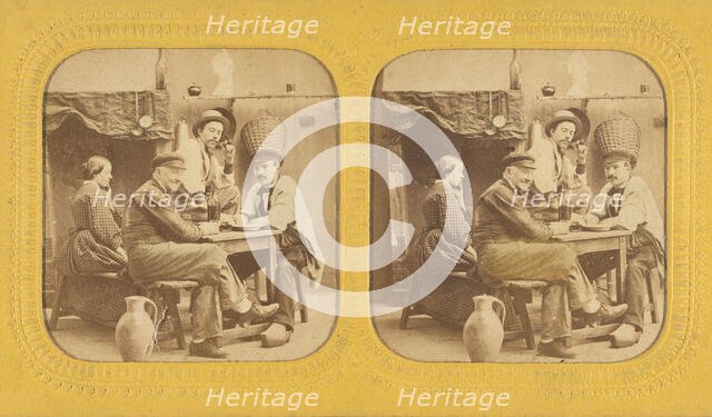 Three men and a woman seated at a table drinking, 1855-1860. Creator: Unknown.