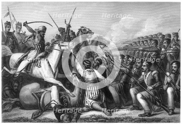 'Mutineer cavalry attacking an infantry square at the Battle of Cawnpore', 1857, (c1860). Artist: Unknown
