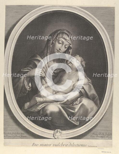 The Virgin seated with the infant Christ sleeping in her lap, in an oval frame, aft..., ca. 1655-70. Creator: François de Poilly.