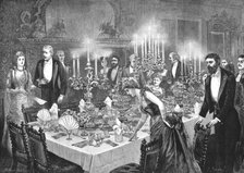 'My First Season; The Dinner Party, 'a middle-aged MP took me in' ', 1890. Creator: Arthur Hopkins.