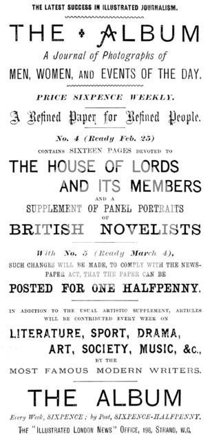 Advertisement for The Album - A Journal of Photographs of Men, Women, and Events of the Day, 1895. Creator: Unknown.