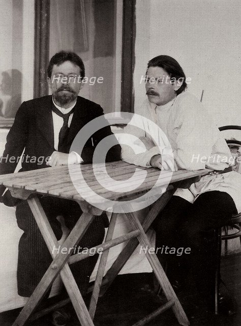 Anton Chekhov and Maxim Gorky, Russian authors, 1900.  Artist: Leonid Sredin