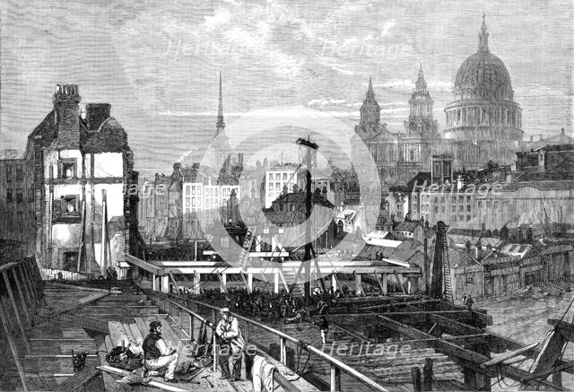 The railway works at Blackfriars and opening towards Ludgate Hill...from the temporary bridge, 1864. Creator: Mason Jackson.