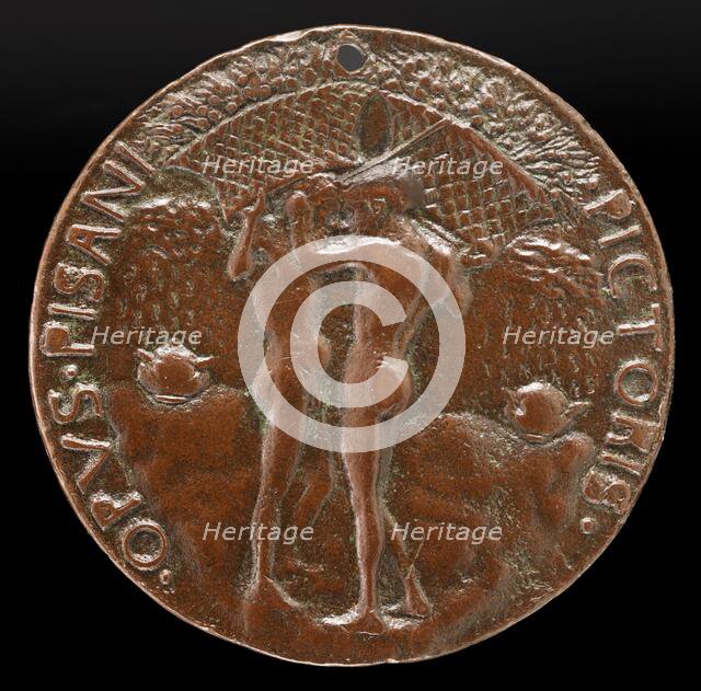 Two Nude Men Carrying Baskets with Olive Branches [reverse], c. 1443. Creator: Pisanello.