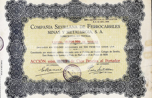Action of 100 pesetas of the Compañía Sevillana de ferrocarriles, minas y metalurgia, S.A., Sevil…