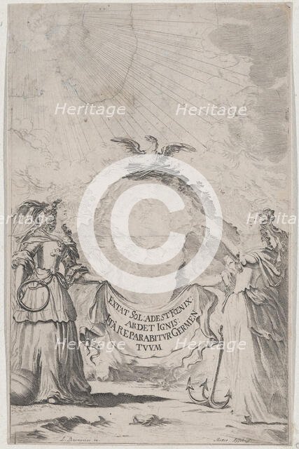 Two women holding a banner at center as a phoenix rises above; set design from 'Il Fuoco E..., 1674. Creator: Mathäus Küsel.