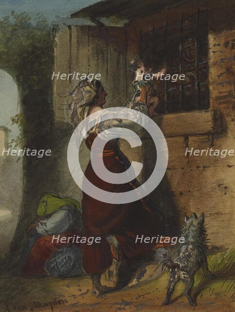 Woman Lifting Infant to Cell Window, mid 19th century. Creator: Alfred Jacob Miller.