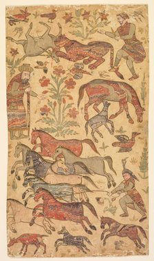 A marbled picture of Rustam catching Rakhsh, c. 1650. Creator: Shafi (Indian, active about 1650), attributed to.