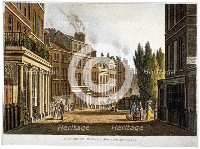 View of Leicester Square from Leicester Place with figures, London, c1815. Artist: Anon