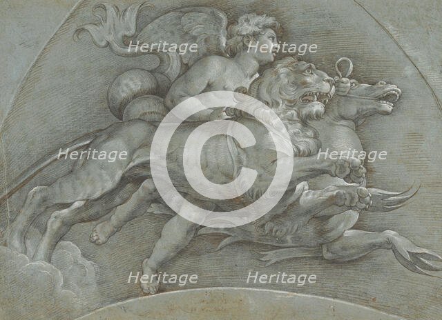 A Winged Putto Riding a Sea Horse and a Lion (after Raphael); verso..., 1574. Creator: Dionisio Calvaert.