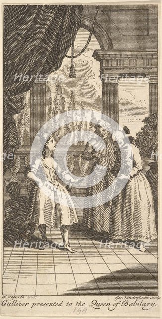 Gulliver Presented to the Queen of Babilary, Frontispiece to "The Travels of Mr. ..., February 1730. Creator: Gerard Vandergucht.
