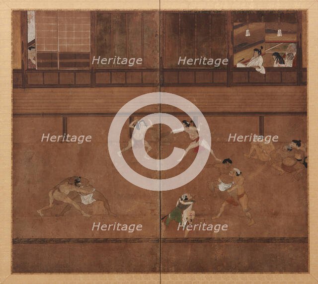 Two-panel screen depicting wrestlers, Edo period, 17th century. Creator: Unknown.