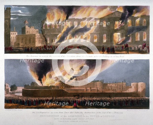 Two views of the destruction of the Armoury in the Tower of London by fire, 30 October 1841. Artist: W Kohler & Co