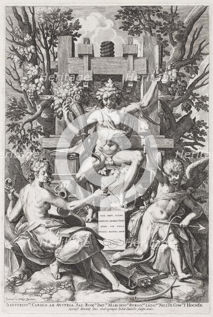 Bacchus Seated on a Barrel between Amor and Music, c. 1590. Creator: Johann Sadeler I.