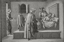 St Cosmas and St Damian visiting a sick person and administering aid, 1877.  Creator: Jules Jean Marie Joseph Huyot.