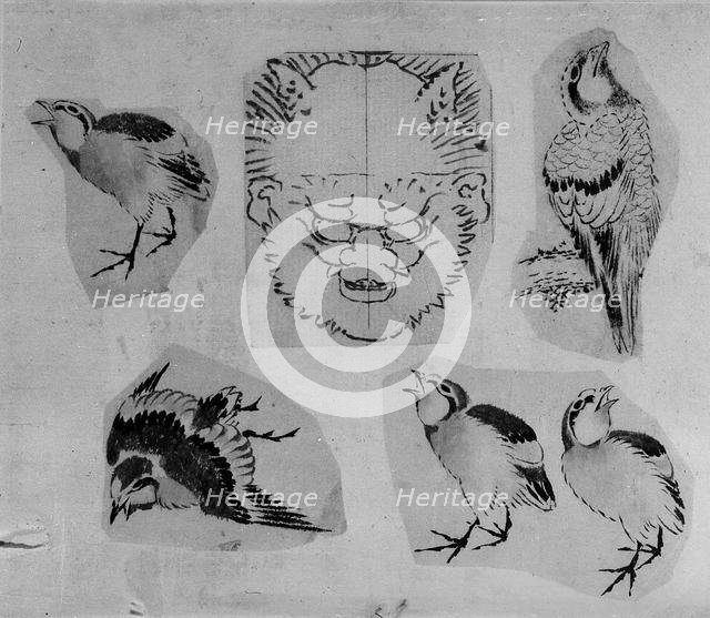 Four sketches of birds and one design for a grotesque mask, mounted together, 18th-19th century. Creator: School of Katsushika Hokusai.