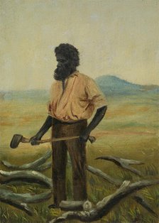 A man with a beard holding an axe to chop the branches of a tree, between 1800 and 1899. Creator: Unknown.